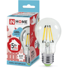 Лампа светодиодная LED-A60-deco 5Вт 220В Е27 4000К 450Лм прозрачная IN HOME
